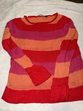 525 America Striped Open-Knit Crewneck Sweater - Red / Pink / Orange